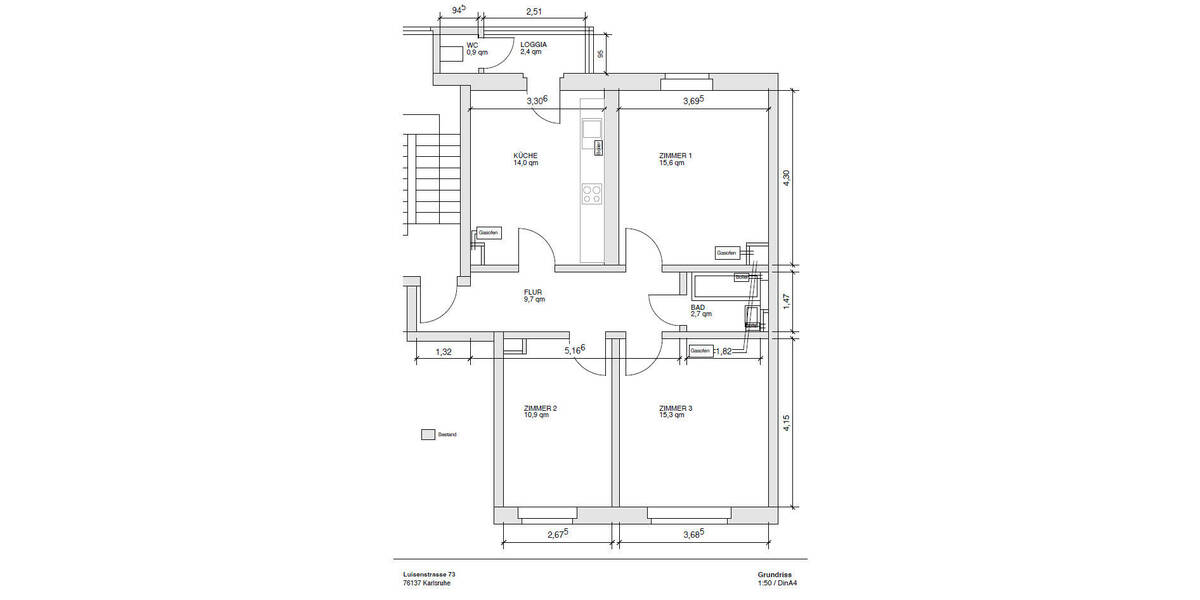 Etagenwohnung Karlsruhe Südstadt - 3 Zimmer, 69 m&sup2;, 230.000&euro; | Angebot:25940655