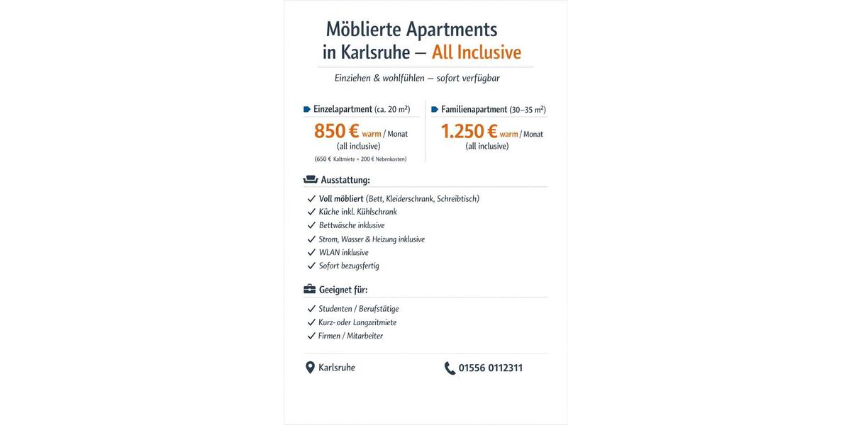 Etagenwohnung Eggenstein-Leopoldshafen Leopoldshafen - 1 Zimmer, 20 m&sup2;, 850&euro; | Angebot:25944192