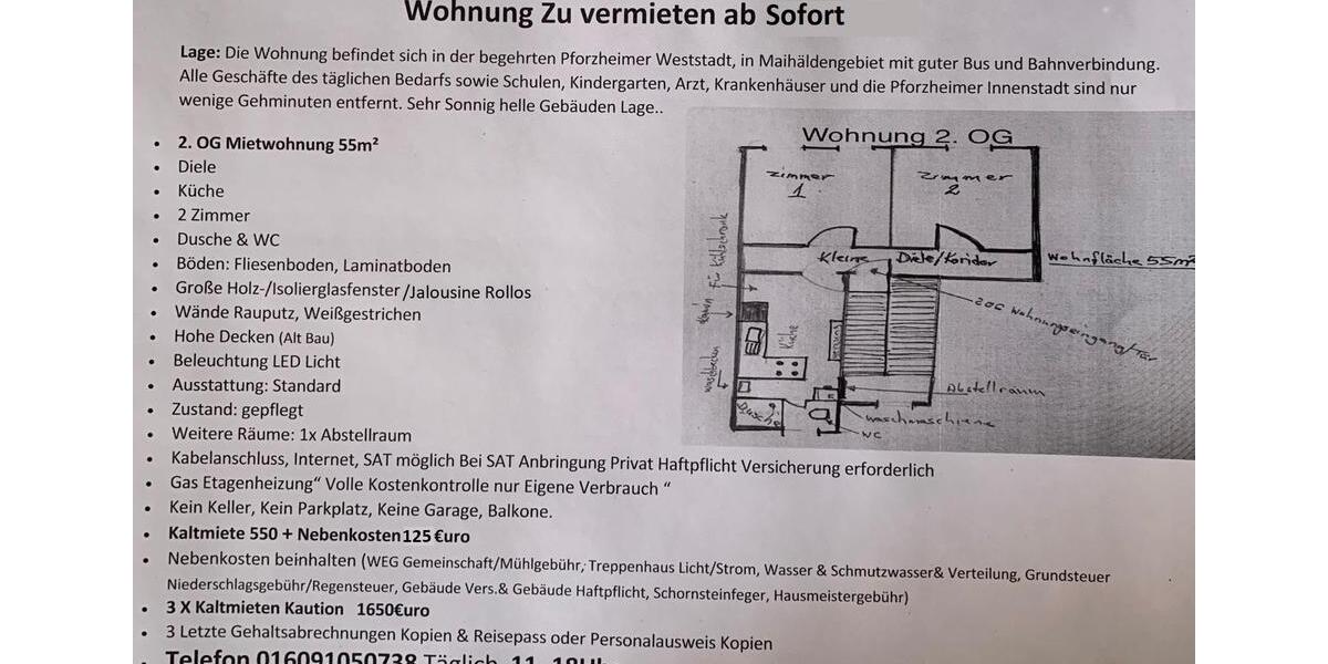 Etagenwohnung Pforzheim Brötzingen - 1 Zimmer, 55 m&sup2;, 550&euro; | Angebot:26273661