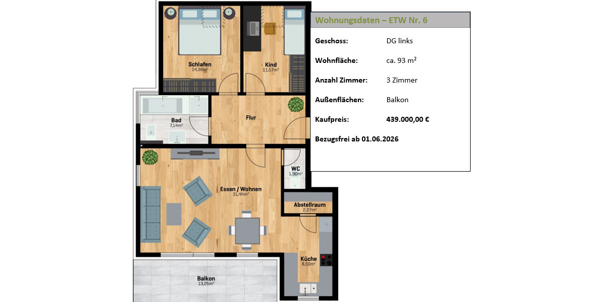 Etagenwohnung Linkenheim-Hochstetten Linkenheim - 3 Zimmer, 93 m&sup2;, 439.000&euro; | Angebot:25687568