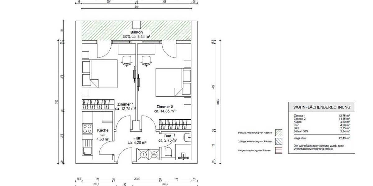 Etagenwohnung Karlsruhe Weststadt - 2 Zimmer, 43 m&sup2;, 199.999&euro; | Angebot:26518222